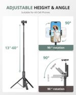 Sensyne 60" Phone Tripod - Selfie Stick, Lightweight All in One Phone Tripod Integrated with Wireless Remote Compatible with All Cell Phones for Selfie/Video Recording/Photo/Live Stream/Vlog（Black） - Image 6