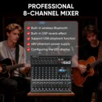 8 Channel Mixer, Professional Audio Mixing Console Studio DJ Board with Bluetooth, 99 DSP Effect,USB Recording, 48V Phantom Power, Reverb, MP3 Player for Live Sound Karaoke Performance - Image 3