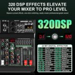 6 channel professional portable mixer, 320 DSP effects + 48V phantom power, Bluetooth sound card + 7-Band Eq Output, for PC recording, karaoke studio effects, and streaming playback - Image 5