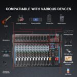 12 Channel Audio Interfacer Sound Board Mixer DJ Mixer 16-Bit DSP Effect USB Audio Mixer +48V Phantom Power Bluetooth Mixer for Karaoke Studio Streaming Recording,Live Streaming - Image 3