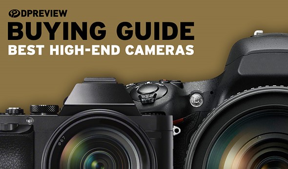 Graphic with the text 'buying guide best high-end cameras' with two large cameras