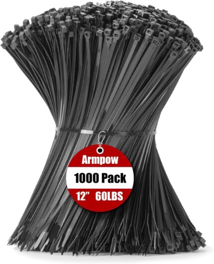 Armpow 12 Inch Zip Ties Black 1000 PCS, 60 Lbs- Heavy Duty Tensile Strength, Nylon PA66 UV Resistant Cable Ties for Indoor and Outdoor Use – Ideal for object bundling and fastening